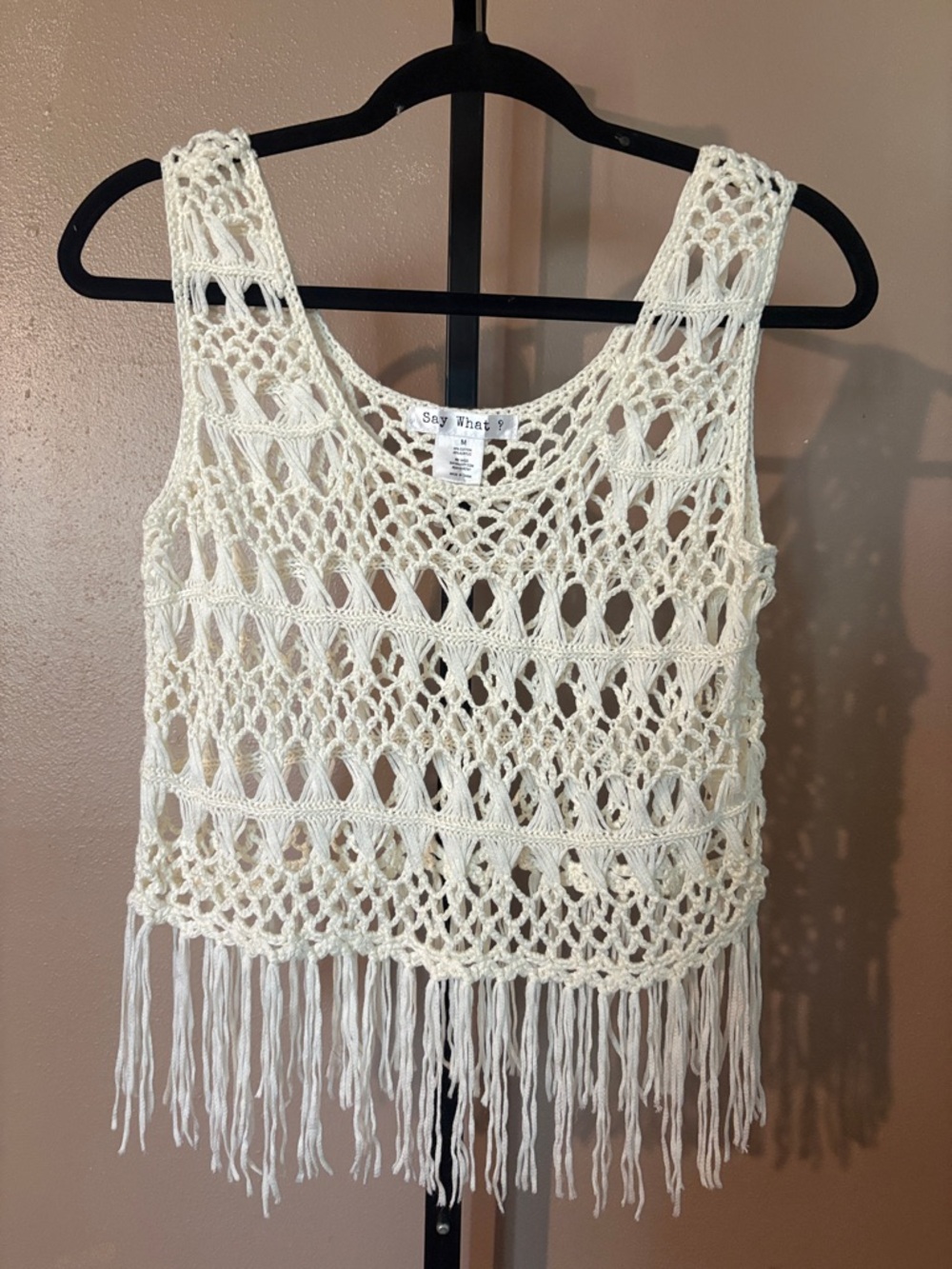 Say What? Crochete Fringe Tank in Off-White
